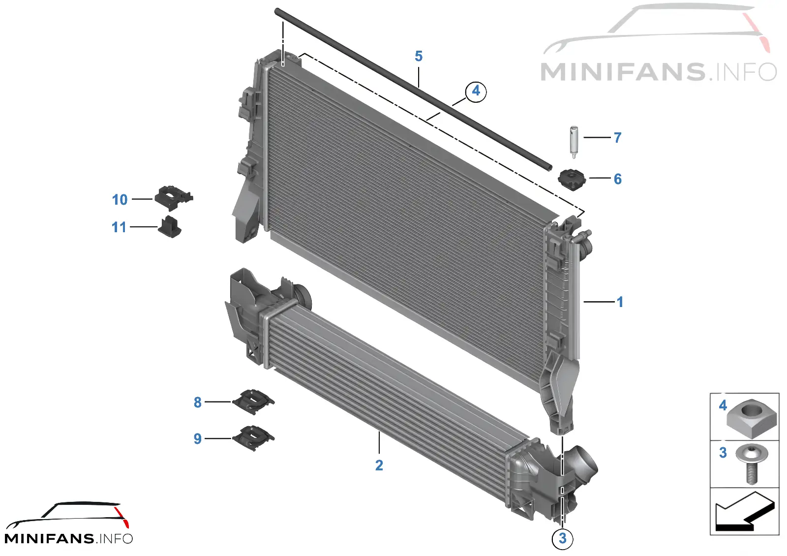 Coolant radiator mounting hardware